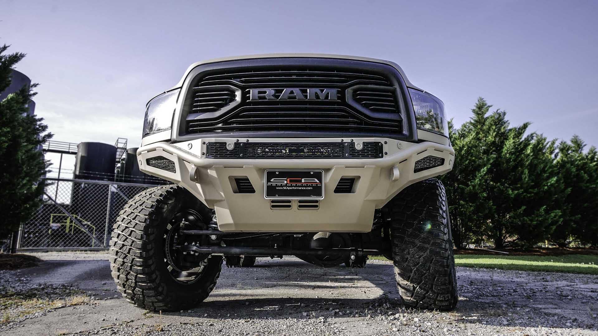 SCA RAM HD Black Widow Lifted Truck with Custom Front Grille.