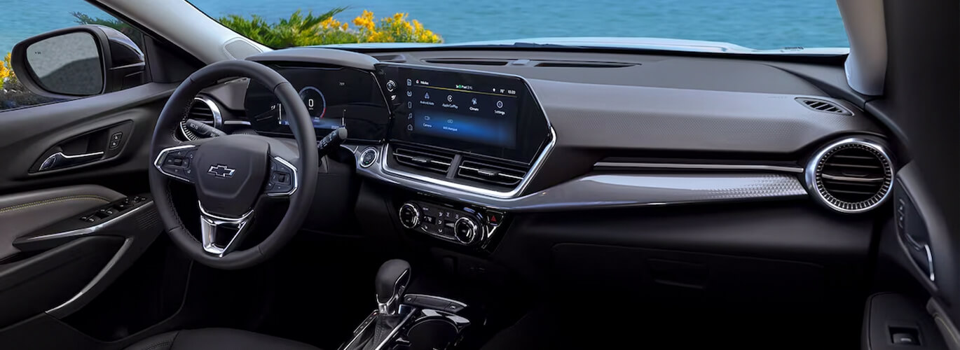 The comfortable interior of the 2024 Trax. Get behind the wheel at York Chevy in Brazil today.
